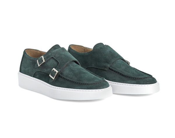 Green suede Loafers with double buckle