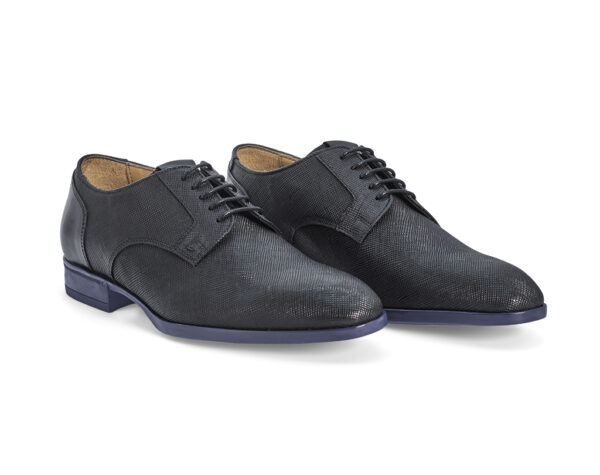 Black tooled calfskin Derby lace-up shoes with inserts