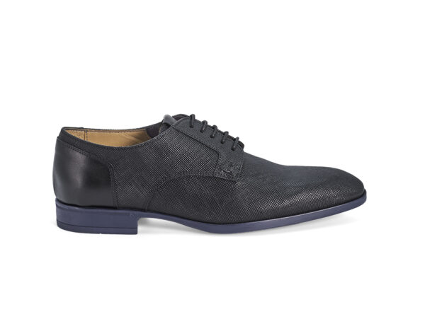 Black tooled calfskin Derby lace-up shoes with inserts