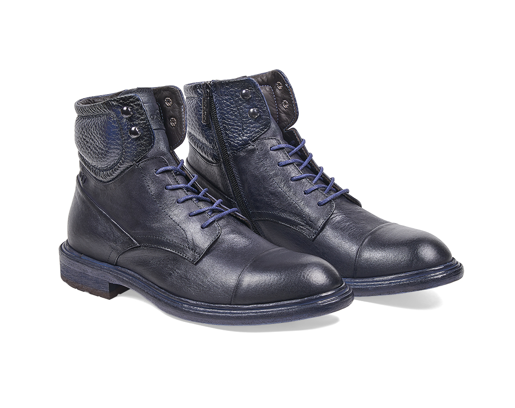 Blue calfskin Derby Ankle Boots with tumbled calf leather inserts and zip