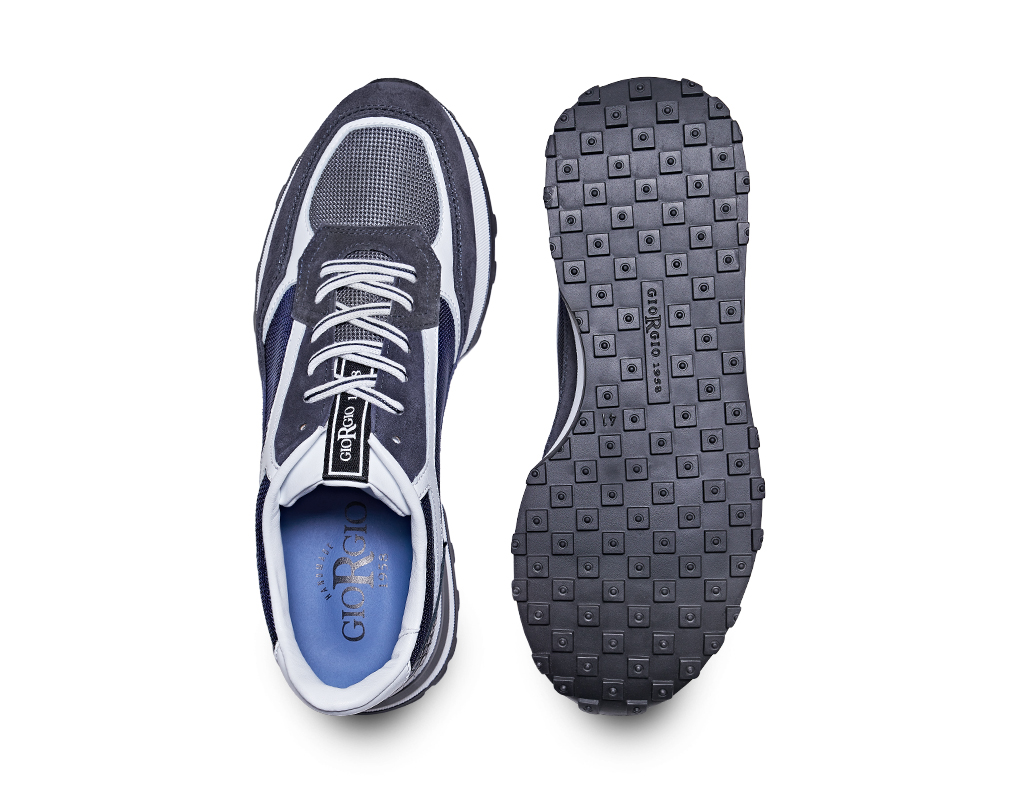 Blue leather and technical fabric sneakers
