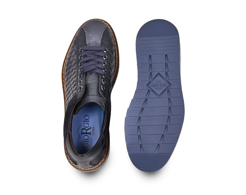 Sneakers in pelle di vitello stampata blu con inserti