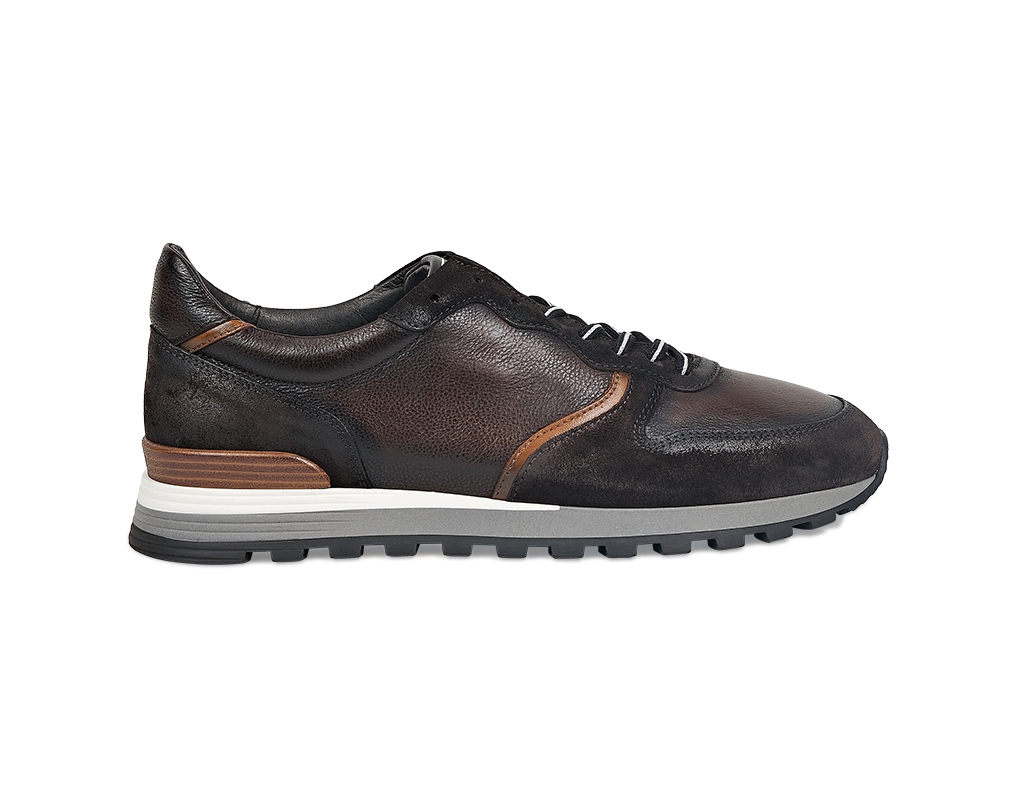 Dark brown tumbled calfskin Sneakers with inserts