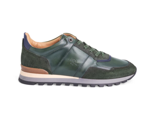 Sneakers in pelle di vitello liscia verde con inserti blu
